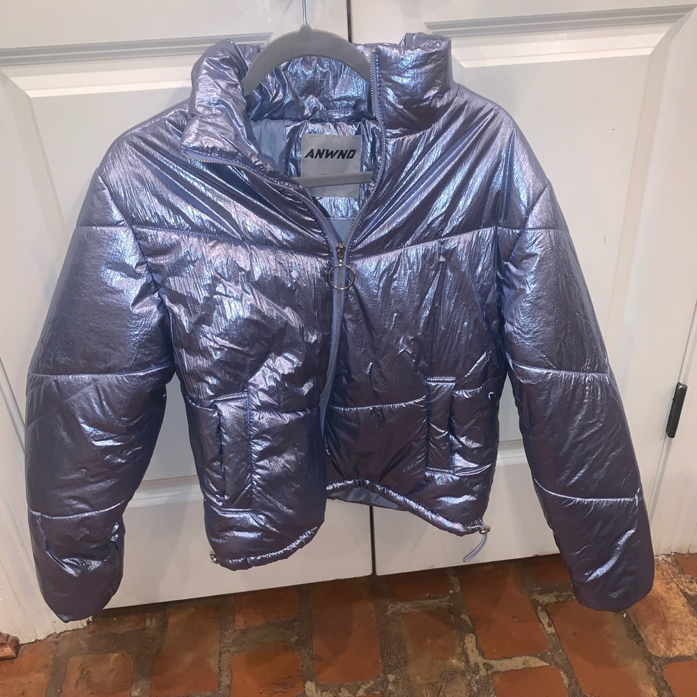 Blue metallic puffer jacket